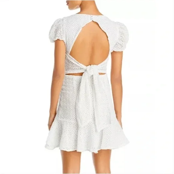 Bardot Nadia Tie Back Mini Eyelet Dress Womens 4 Ivory Ruffle Puff Sleeve NWT - Picture 3 of 16